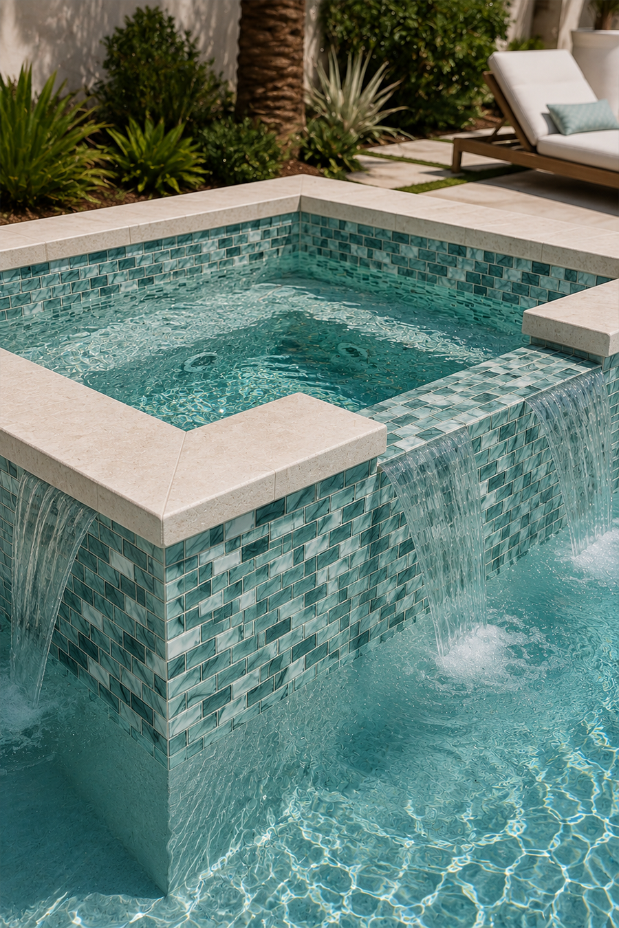 Square raised spa spilling into a pool, finished in Seafoam Green Swirl recycled glass mosaic tile.