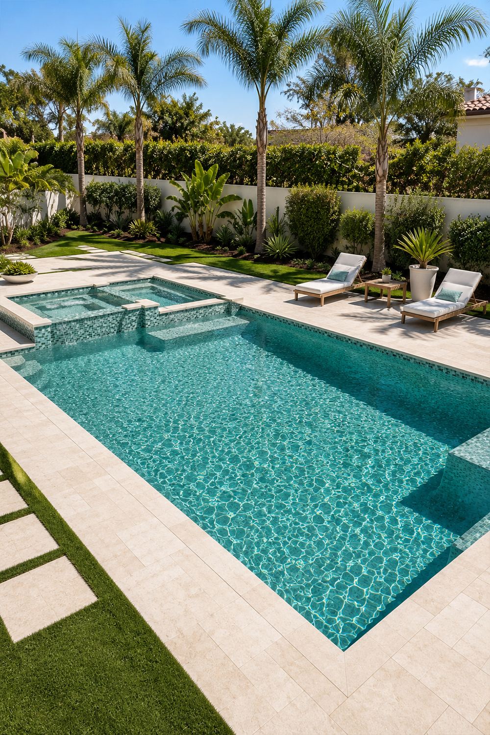 Garden pool lined with Seafoam Green Swirl recycled glass mosaic tile, framed by palms and loungers.