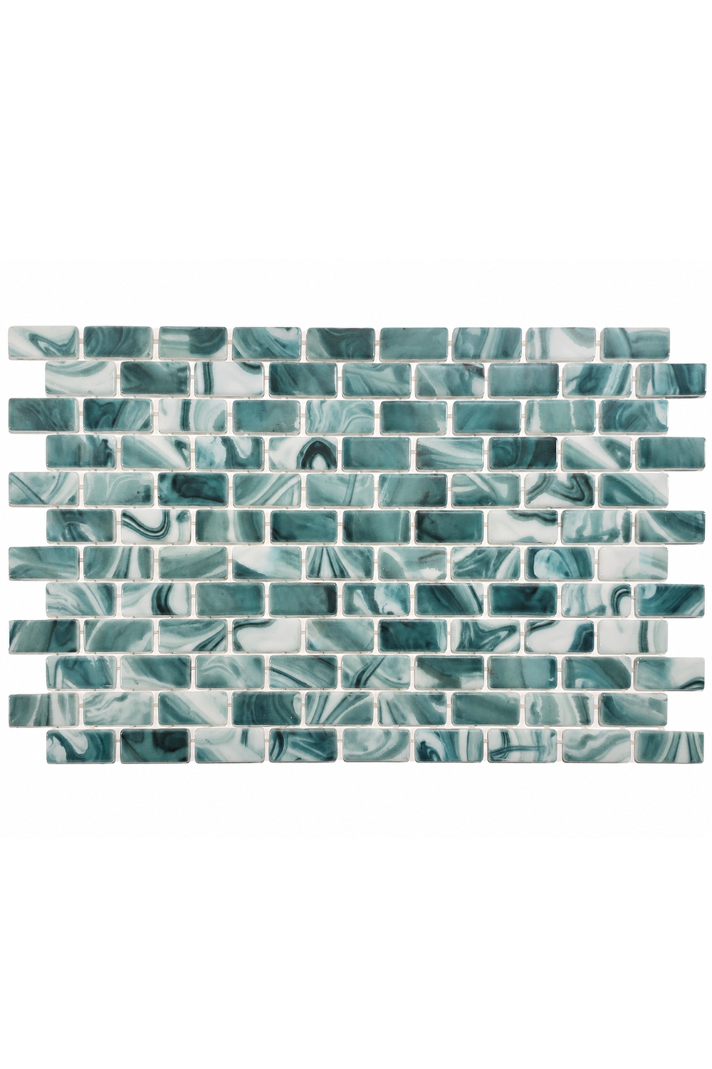 Seafoam Green Swirl 1x2 recycled glass mosaic pool tile sheet with brick-set chips marbled in green, teal and white.