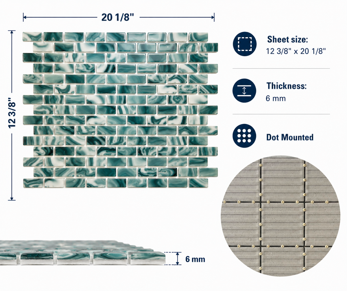Seafoam Green Swirl 1x2 mosaic specifications: 12 3/8 by 20 1/8 inch sheet, 6 mm thick, dot mounted.