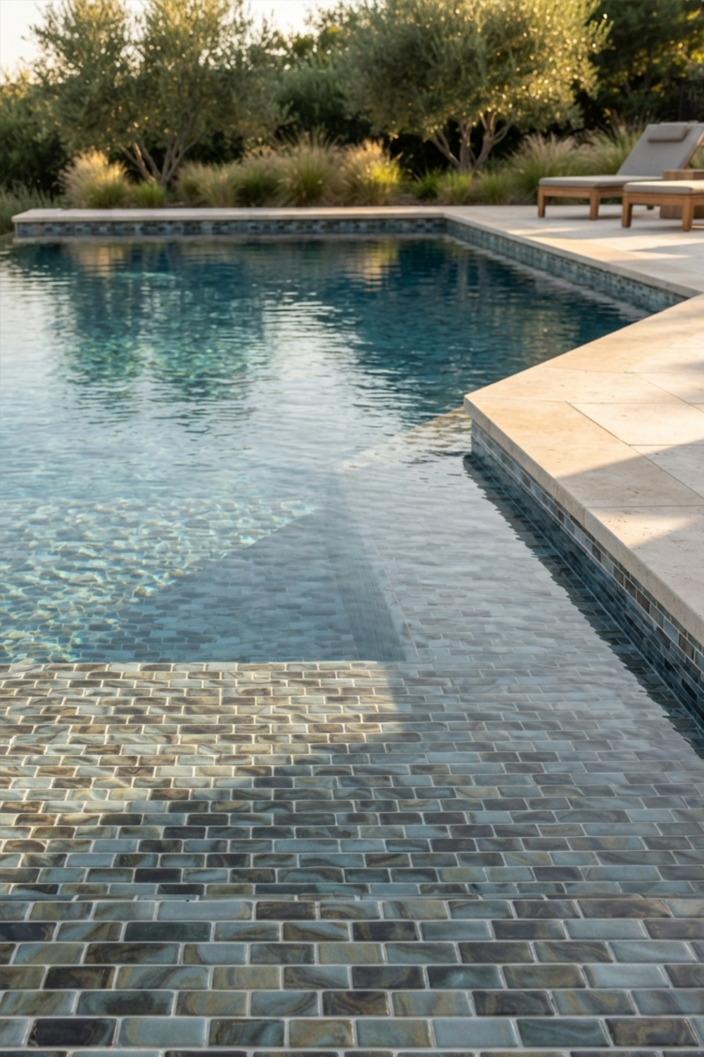 Swimming pool lined with Earthstone Green recycled glass mosaic tile, surrounded by drought-tolerant planting.