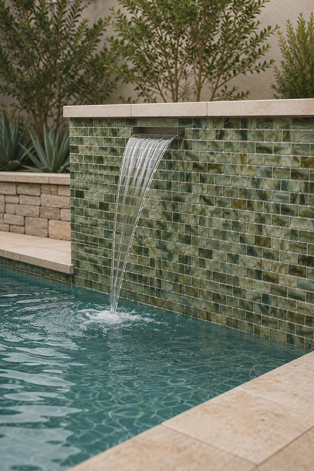 Waterfall wall clad in Earthstone Green recycled glass mosaic tile spilling into a pool beside a stone terrace.