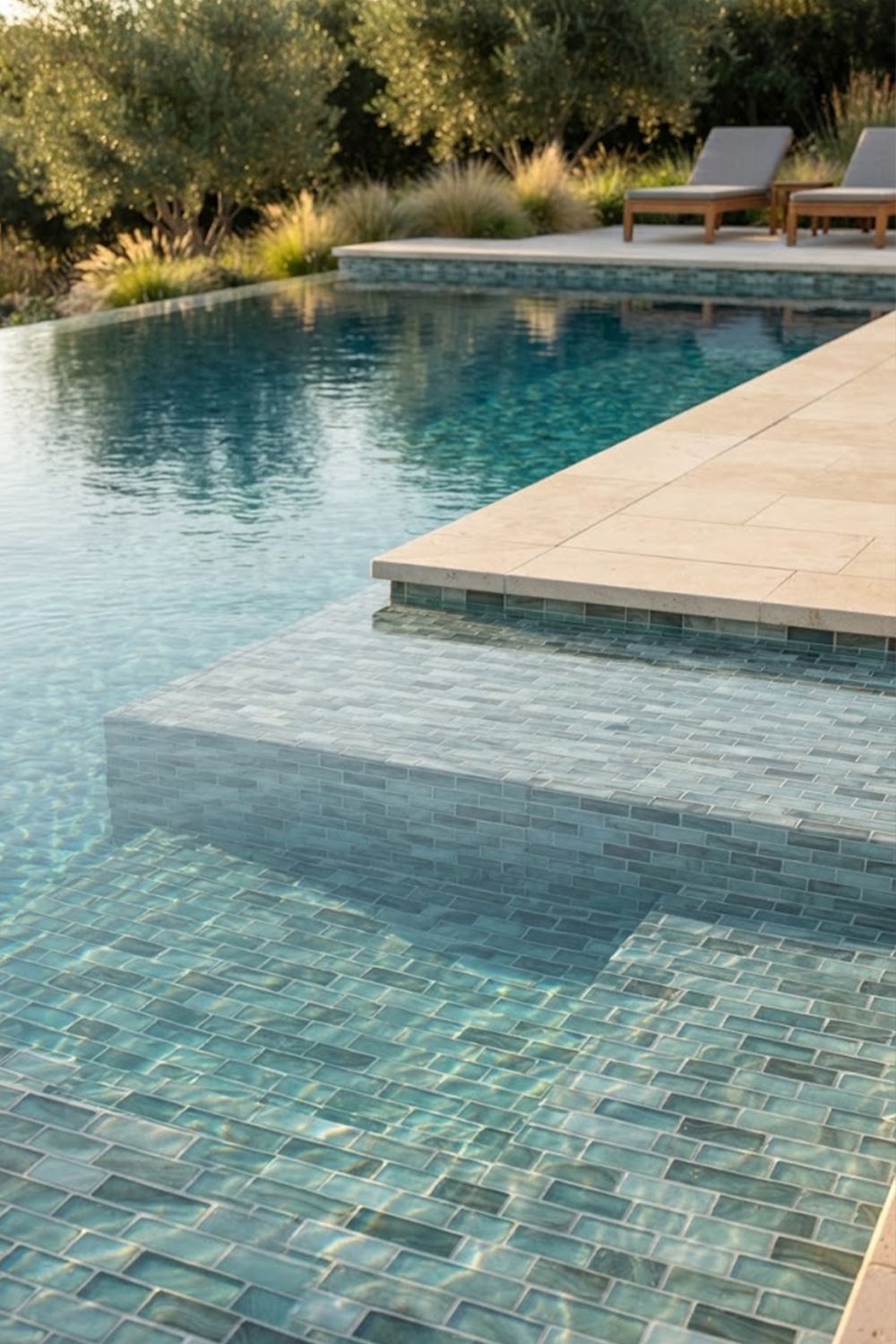 Pool entry steps and waterline finished in Earthstone Green recycled glass mosaic tile in a landscaped garden.