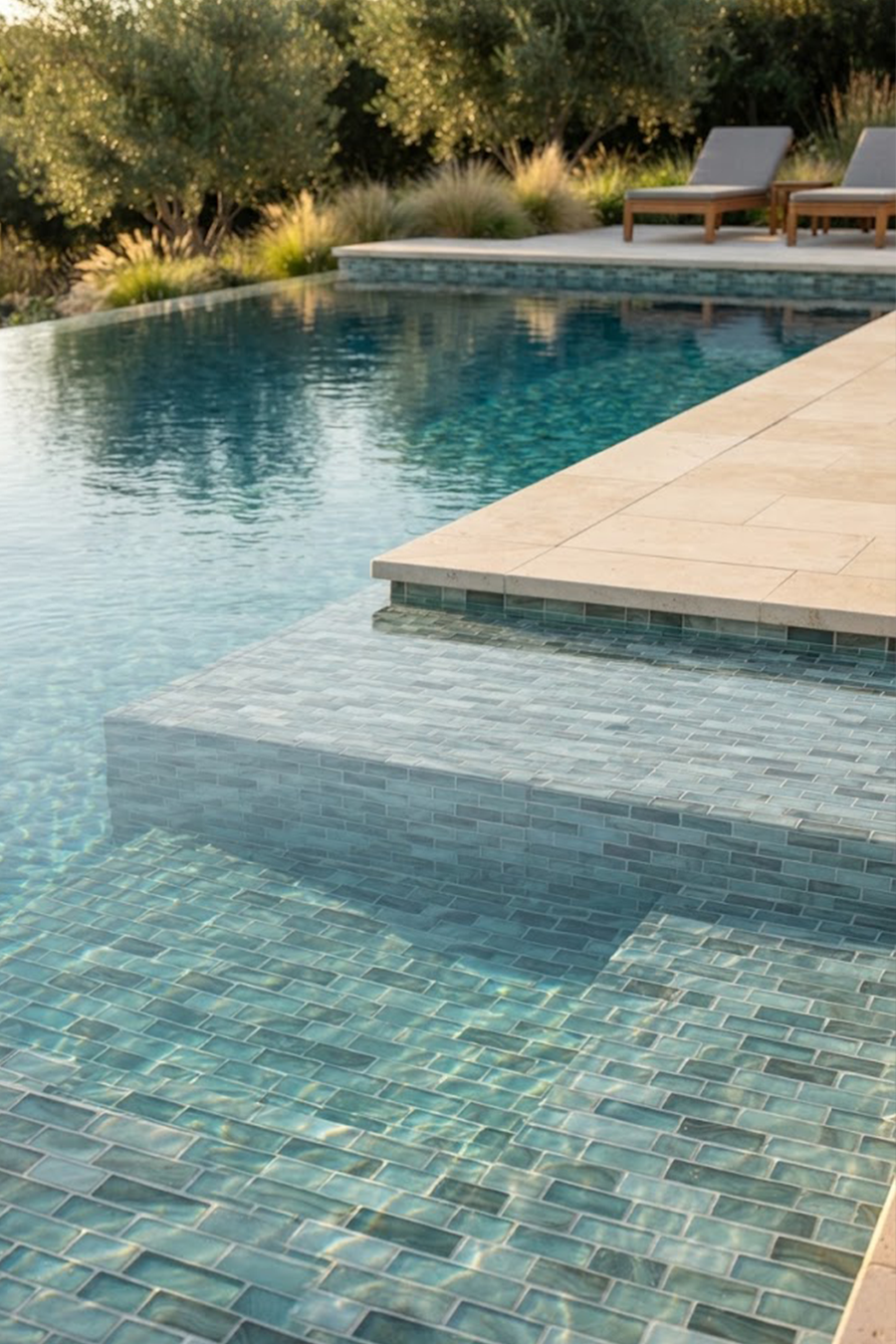 Pool entry steps and waterline finished in Earthstone Green recycled glass mosaic tile in a landscaped garden.