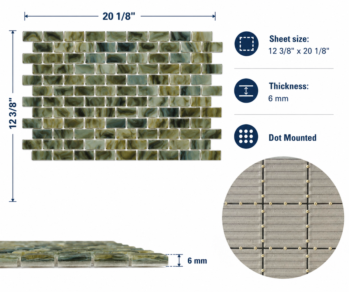 Earthstone Green 1x2 mosaic specifications: 12 3/8 by 20 1/8 inch sheet, 6 mm thick, dot mounted.