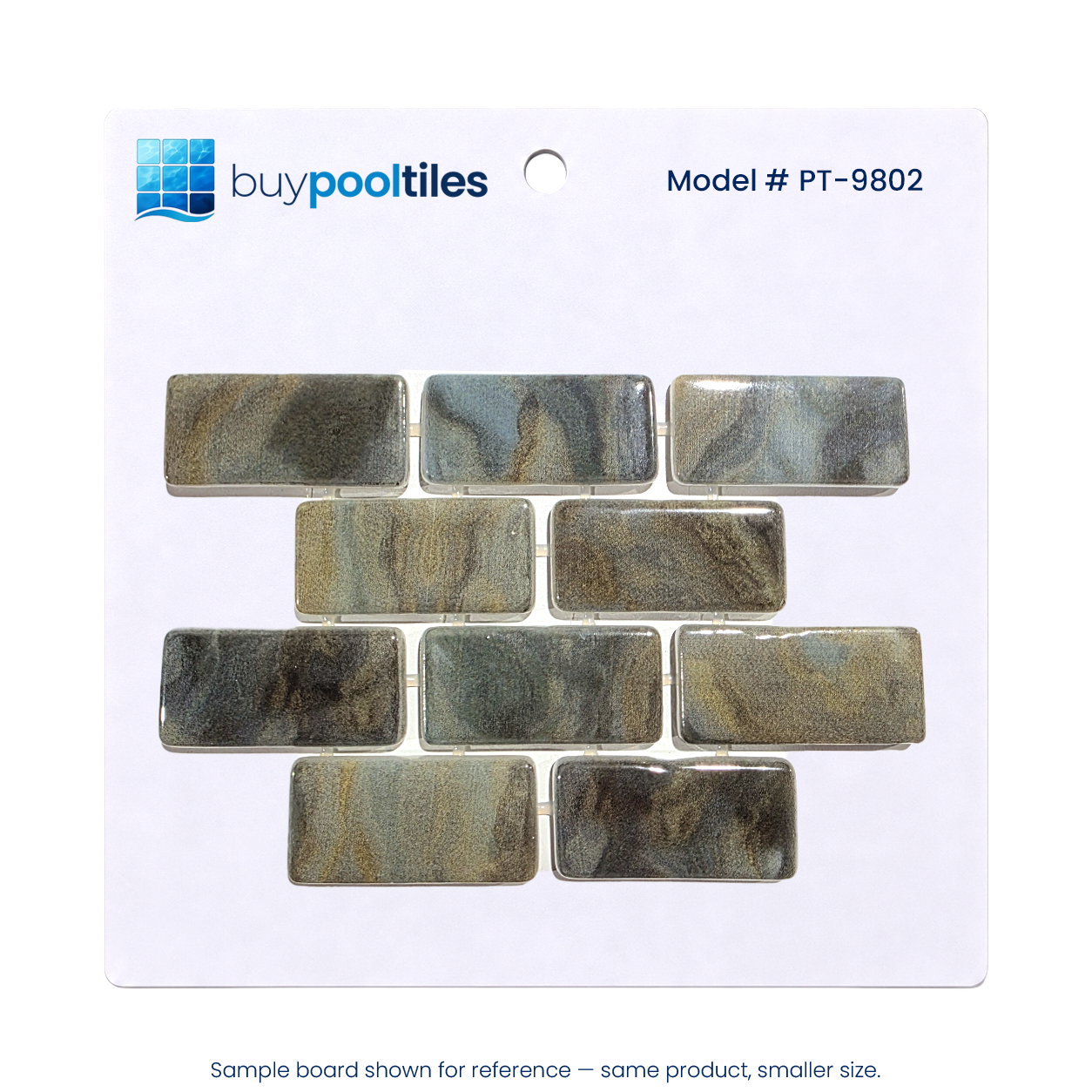 Earthstone Green recycled glass mosaic pool tile sample board, model PT-9802, on a white backing card.