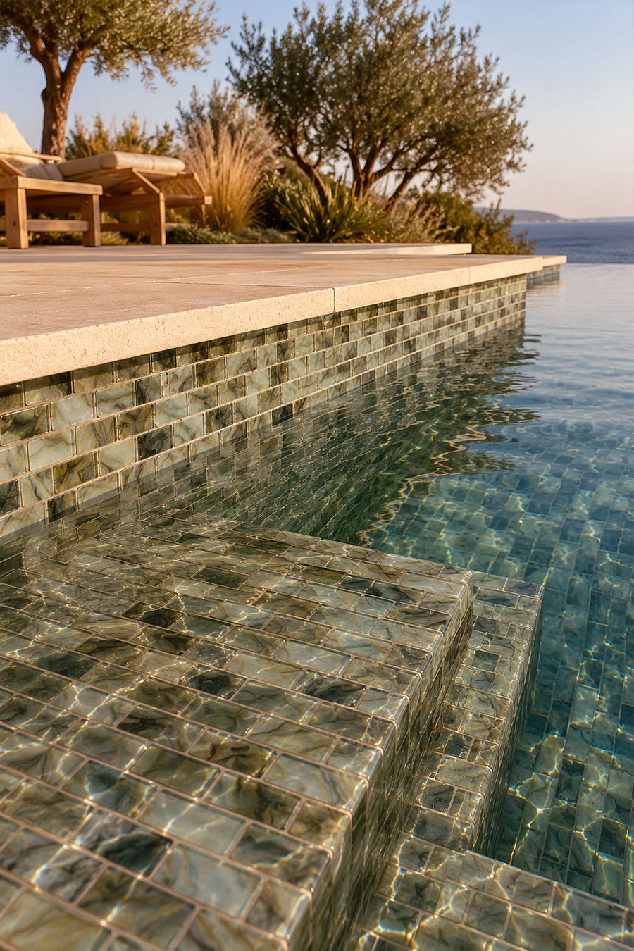 Infinity-edge pool tiled in Earthstone Green recycled glass mosaic with an open sea view.
