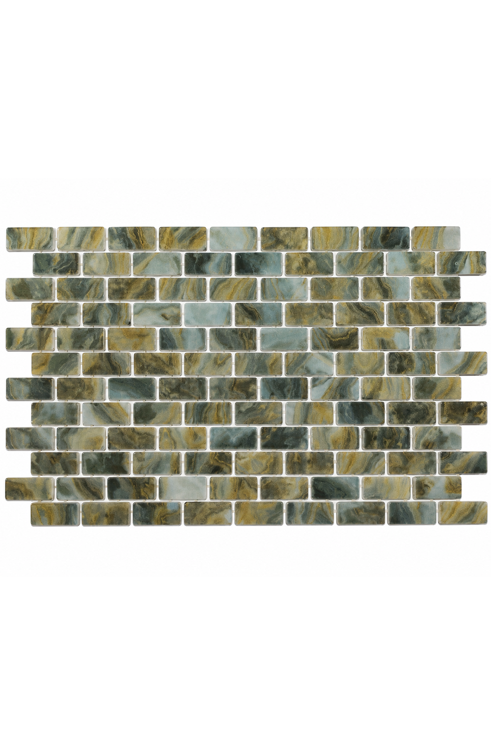 Earthstone Green 1x2 recycled glass mosaic pool tile sheet with brick-set chips in olive, sage and cream earth tones.