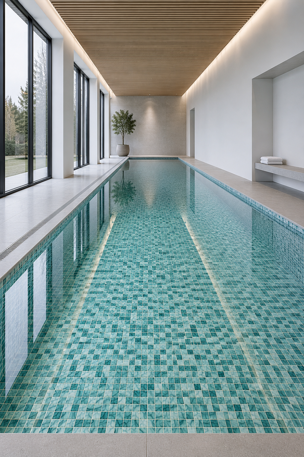 PT-9803 seafoam green glass mosaic tile installed in a luxury indoor pool with aqua, teal and white tones.