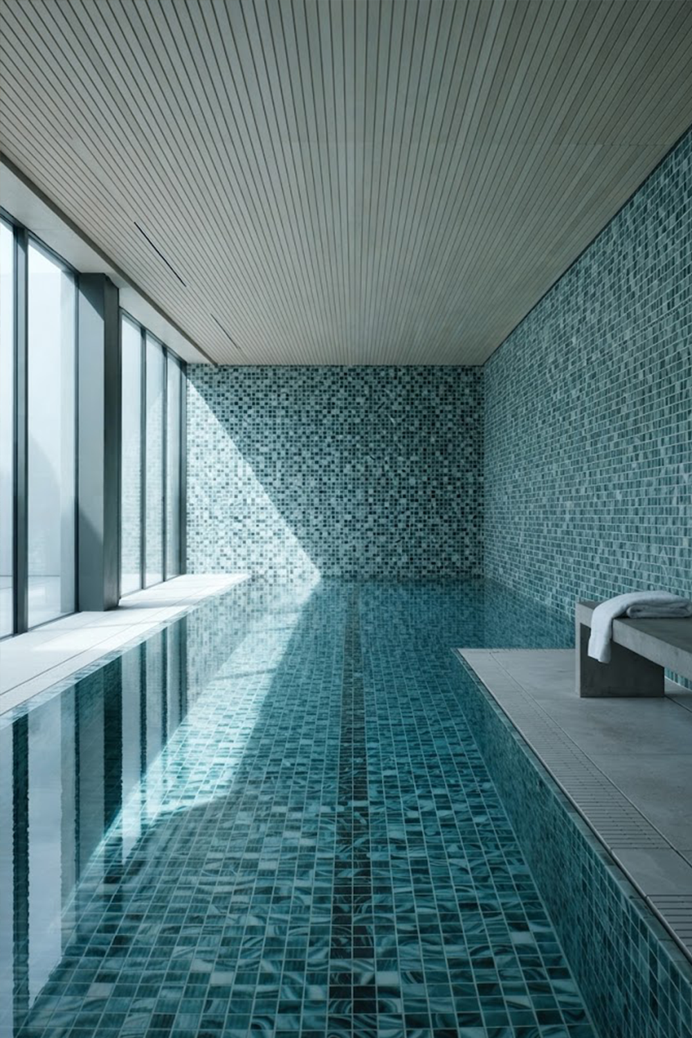 Long indoor pool with walls and floor tiled in PT-9803 seafoam green glass mosaic, with tall windows and a ribbed wood ceiling.
