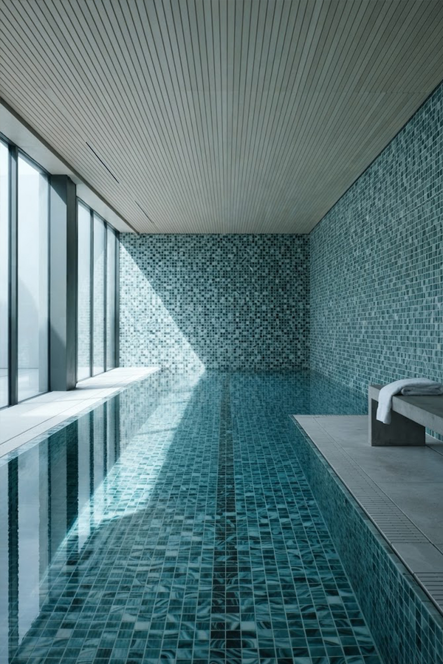 Long indoor pool with walls and floor tiled in PT-9803 seafoam green glass mosaic, with tall windows and a ribbed wood ceiling.