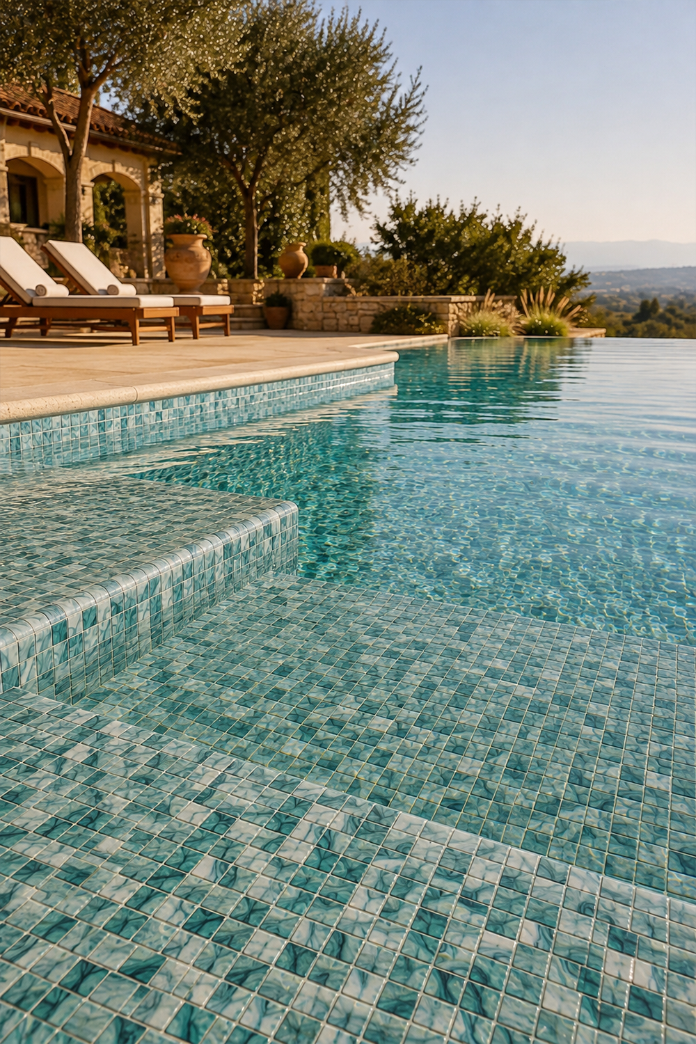 Luxury infinity pool with steps and edge tiled in PT-9803 seafoam green glass mosaic, beside a stone patio and villa.