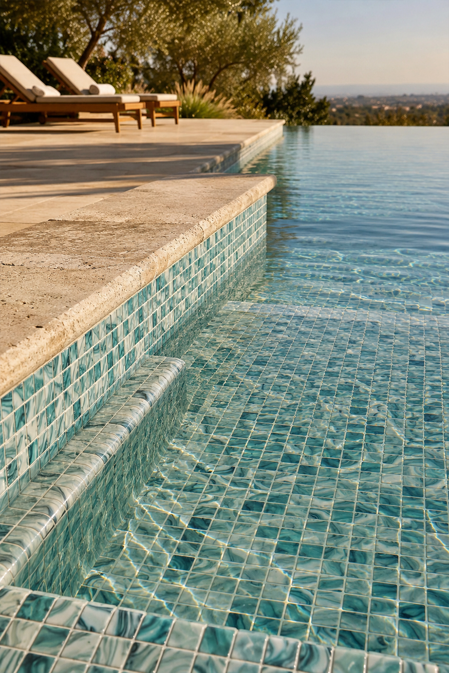 Pool steps and shallow ledge tiled in PT-9803 seafoam green glass mosaic, with a sea view beyond.