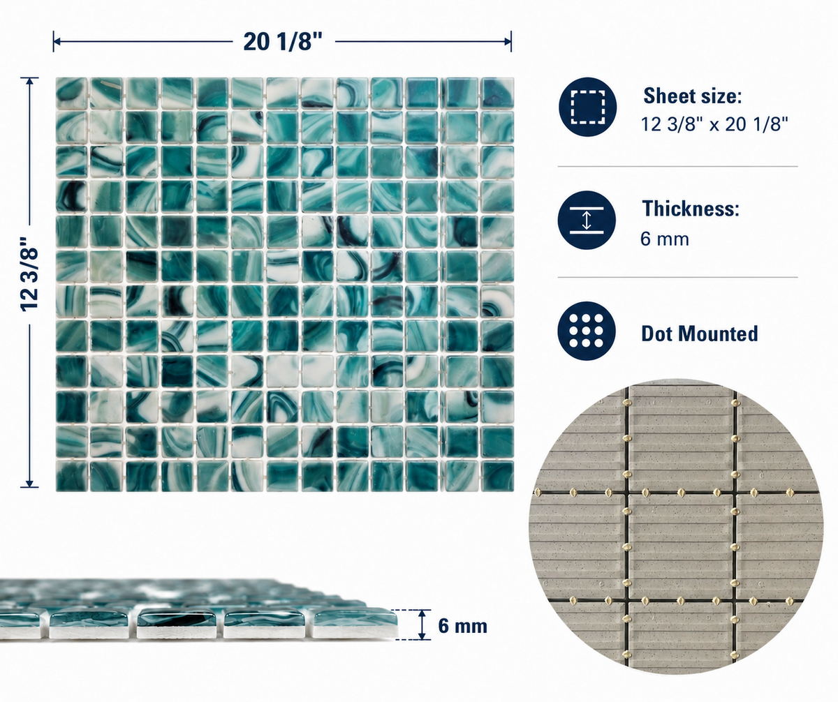 PT-9803 seafoam green mosaic specifications: 12 3/8 by 20 1/8 inch sheet, 6 mm thick, dot mounted.