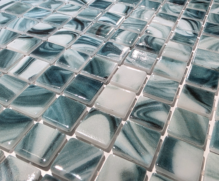 Macro close-up of PT-9803 seafoam green recycled glass mosaic showing glossy 1-inch aqua, teal and white chips.