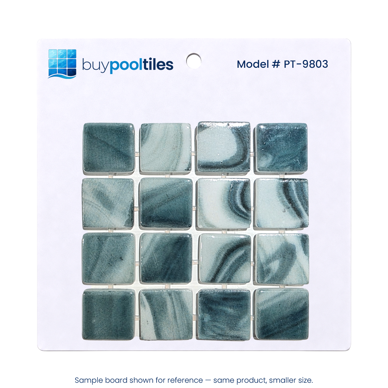PT-9803 seafoam green recycled glass mosaic pool tile sample board with 16 marbled aqua and white chips on a white backing card.