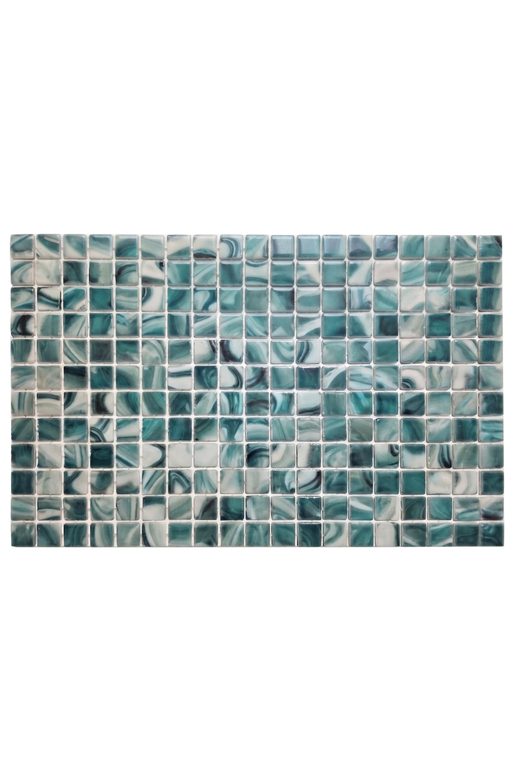 PT-9803 seafoam green recycled glass mosaic pool tile sheet with 1-inch aqua, teal and white marbled square chips.