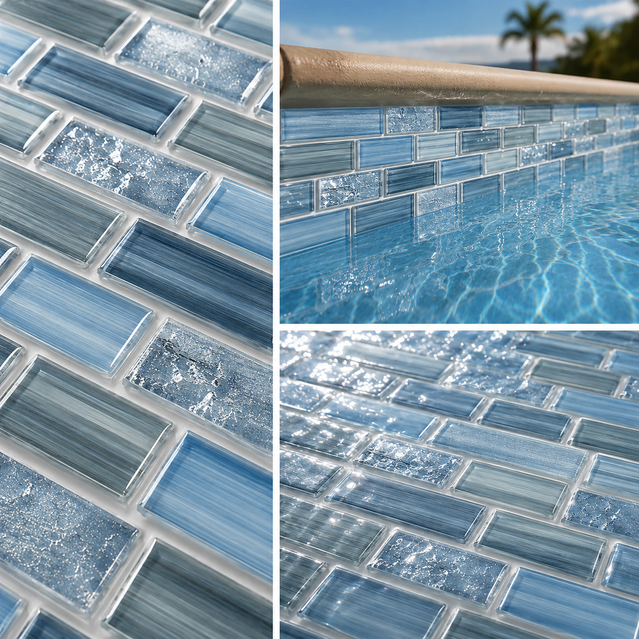 Linear Ocean Blend glass mosaic shown as a tile sheet, in pool water and in macro close-up.