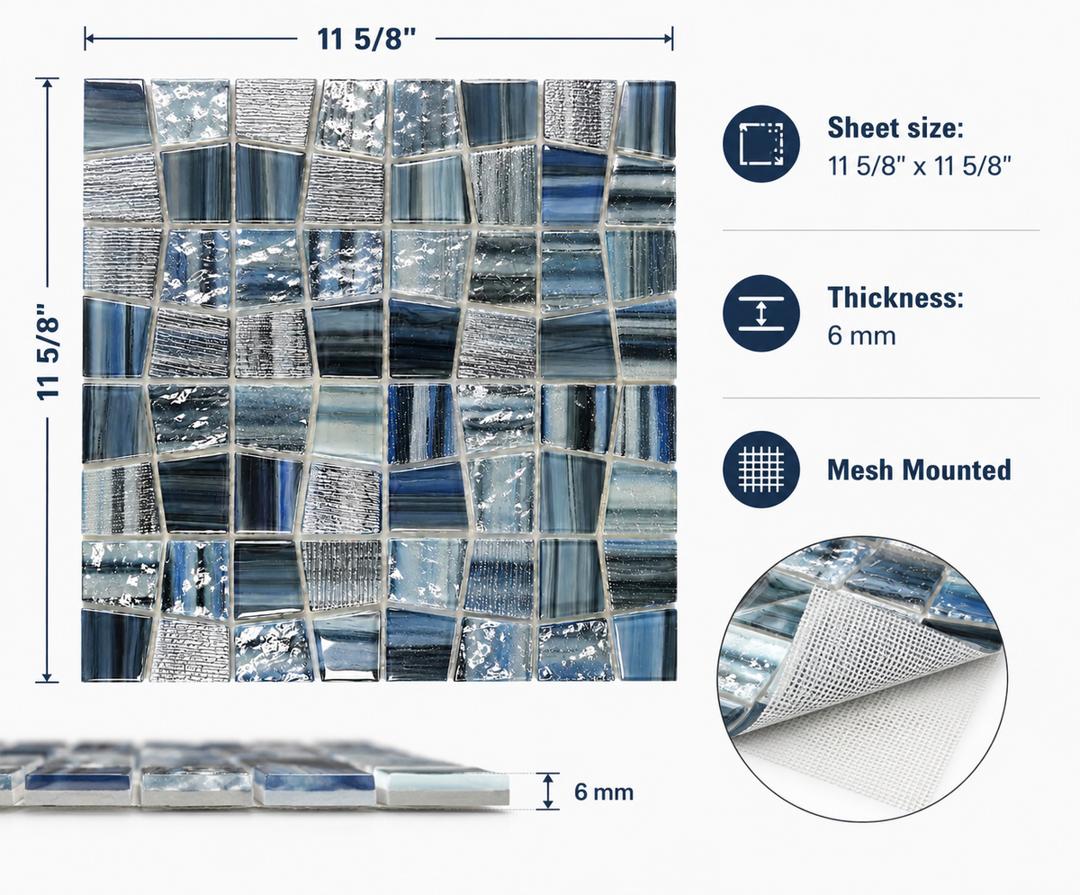Textured Ocean Blend mosaic specifications: 11 5/8 by 11 5/8 inch sheet, 6 mm thick, mesh mounted.