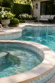 Round raised spa finished in Opaline Pearl crystal glass mosaic tile, set in a landscaped garden pool.