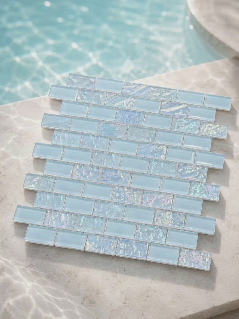 Load video: Iridescent Ocean Blue Glass Mosaic Pool Tile